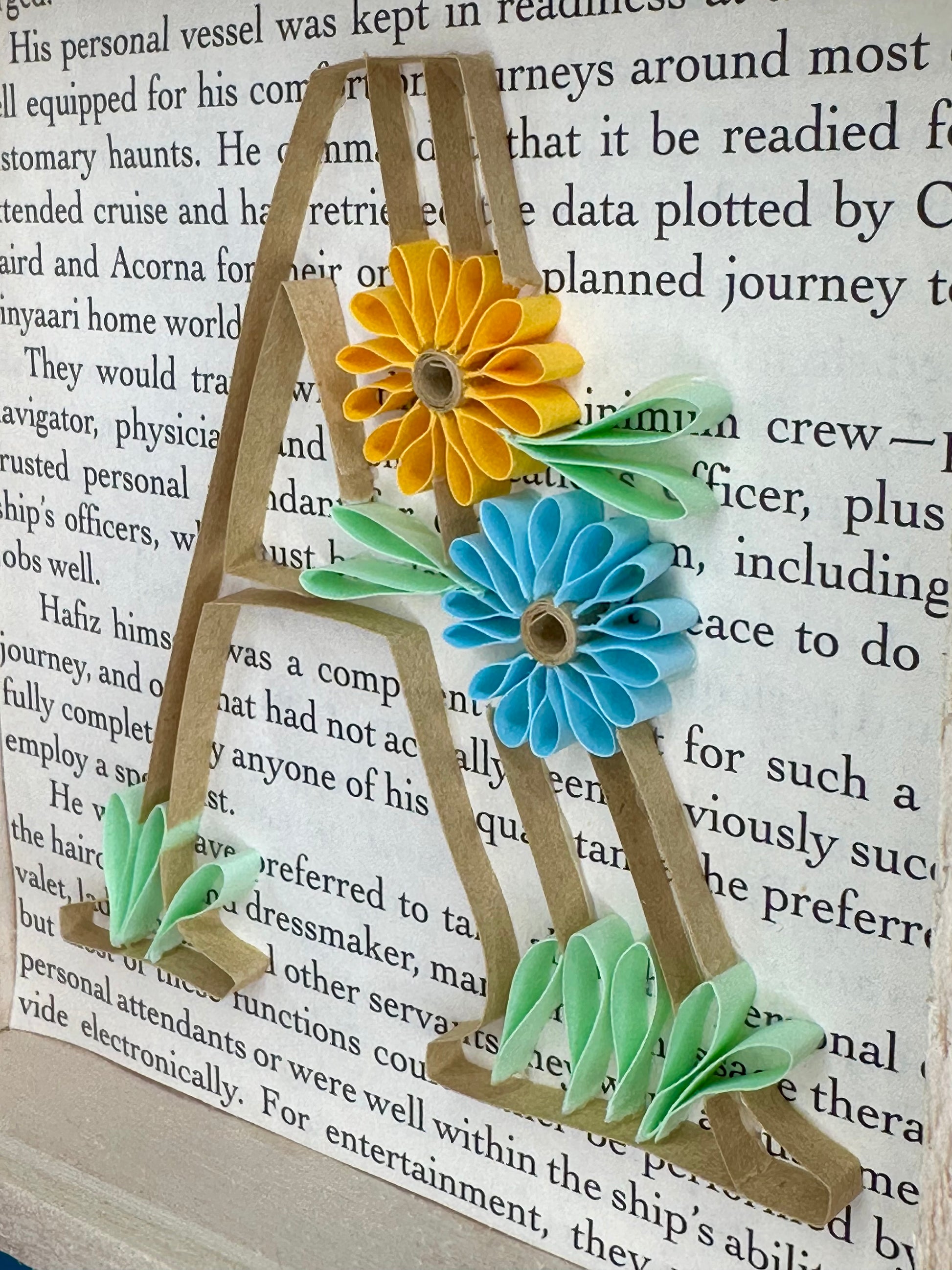 Blue and yellow flower quilling art